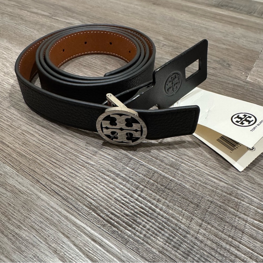 Tory Burch 1” Reversible Logo Black Classic Cuoio Silver Belt - Picture 5 of 12